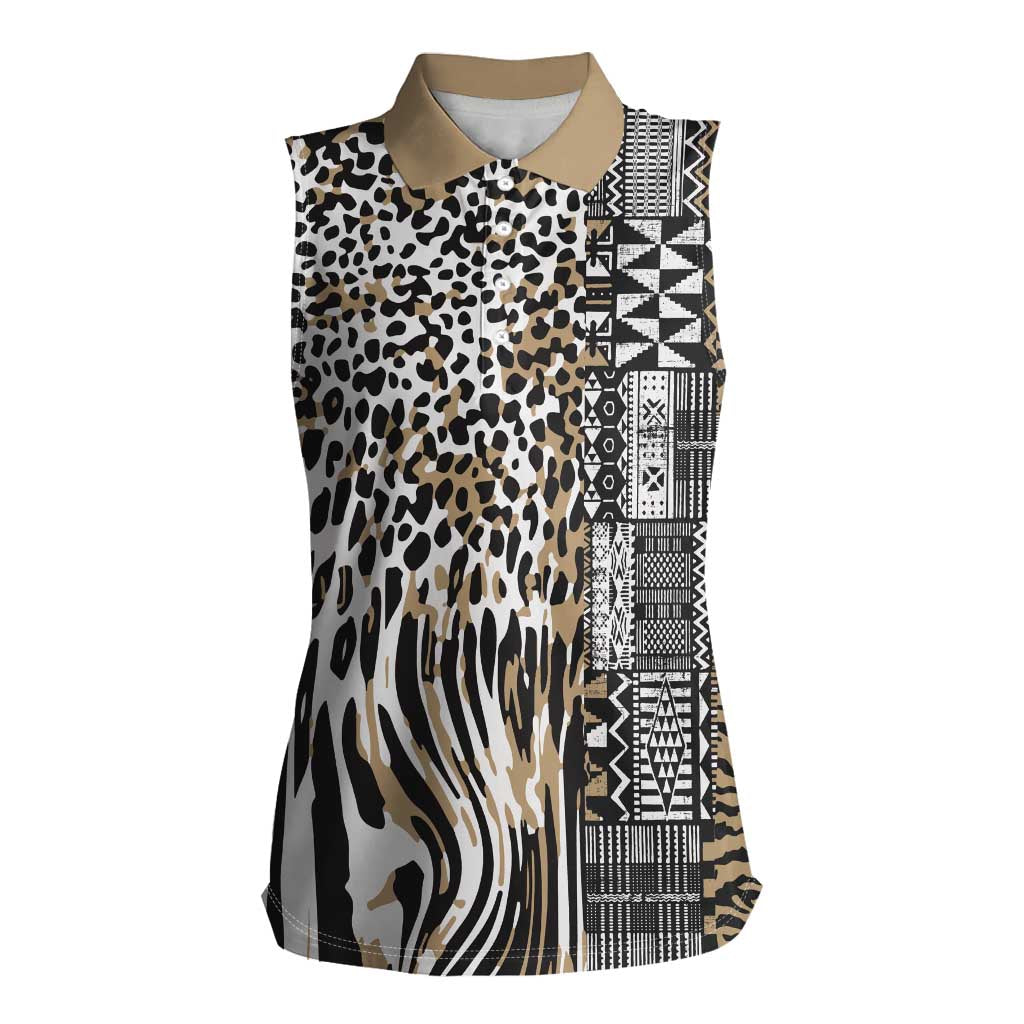 Africa Tribal Pattern Mixed Leopard Skin Women Sleeveless Polo Shirt - Wonder Print Shop