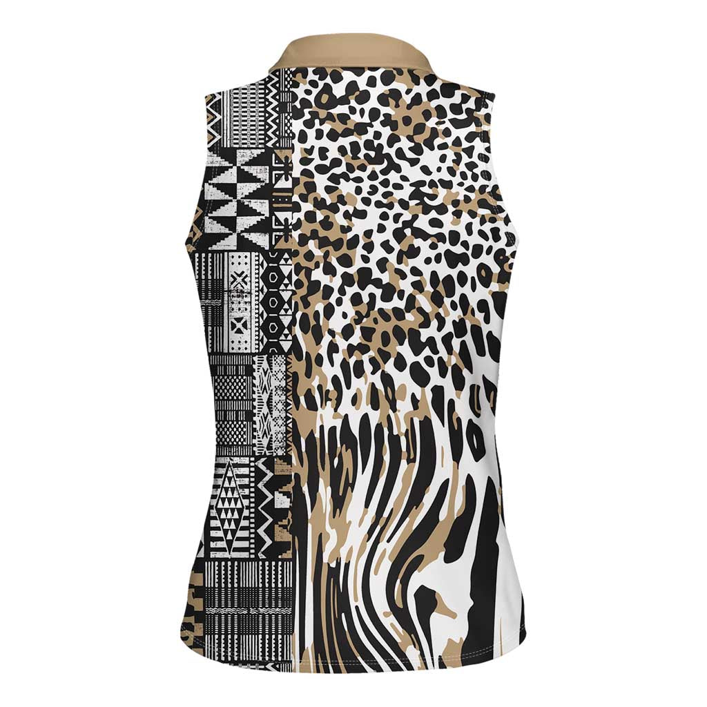 Africa Tribal Pattern Mixed Leopard Skin Women Sleeveless Polo Shirt - Wonder Print Shop