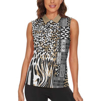 Africa Tribal Pattern Mixed Leopard Skin Women Sleeveless Polo Shirt - Wonder Print Shop