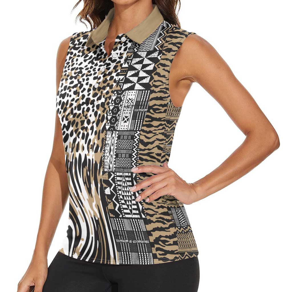 Africa Tribal Pattern Mixed Leopard Skin Women Sleeveless Polo Shirt - Wonder Print Shop