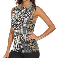 Africa Tribal Pattern Mixed Leopard Skin Women Sleeveless Polo Shirt - Wonder Print Shop