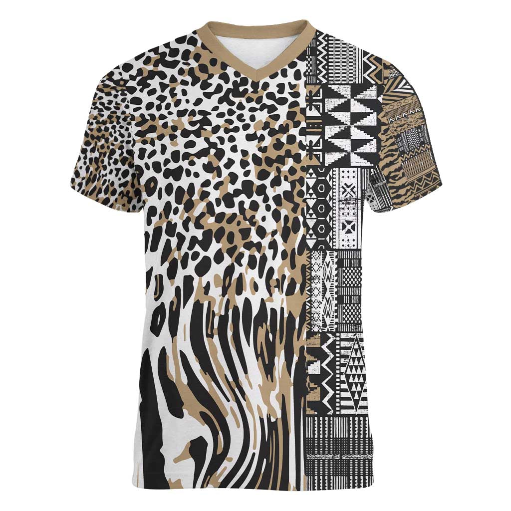 Africa Tribal Pattern Mixed Leopard Skin Women V-Neck T-Shirt - Wonder Print Shop