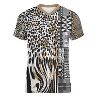 Africa Tribal Pattern Mixed Leopard Skin Women V-Neck T-Shirt - Wonder Print Shop