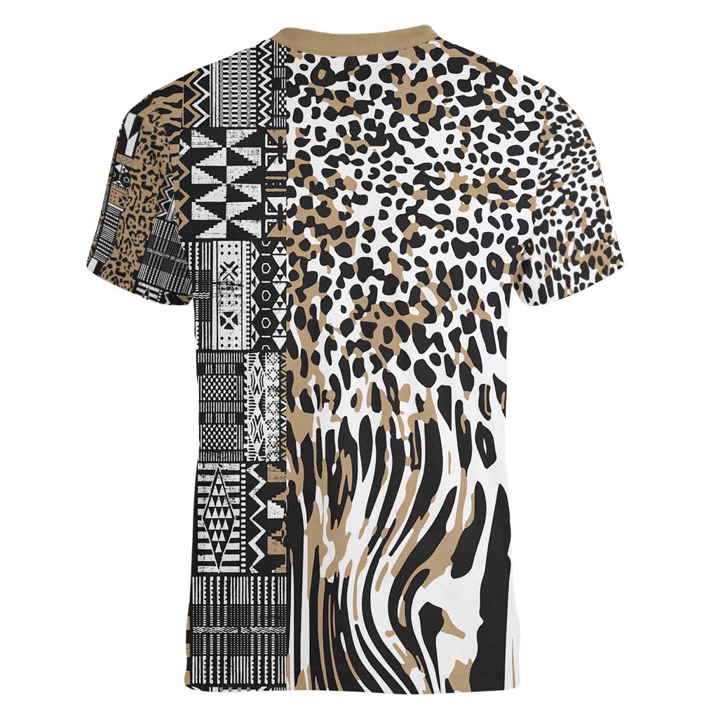 Africa Tribal Pattern Mixed Leopard Skin Women V-Neck T-Shirt - Wonder Print Shop