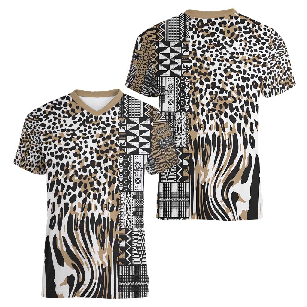 Africa Tribal Pattern Mixed Leopard Skin Women V-Neck T-Shirt - Wonder Print Shop