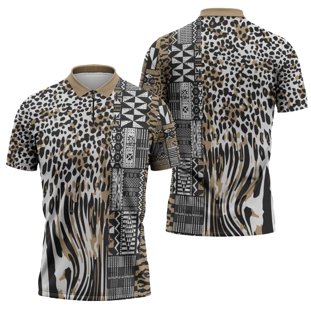 Africa Tribal Pattern Mixed Leopard Skin Zipper Polo Shirt - Wonder Print Shop