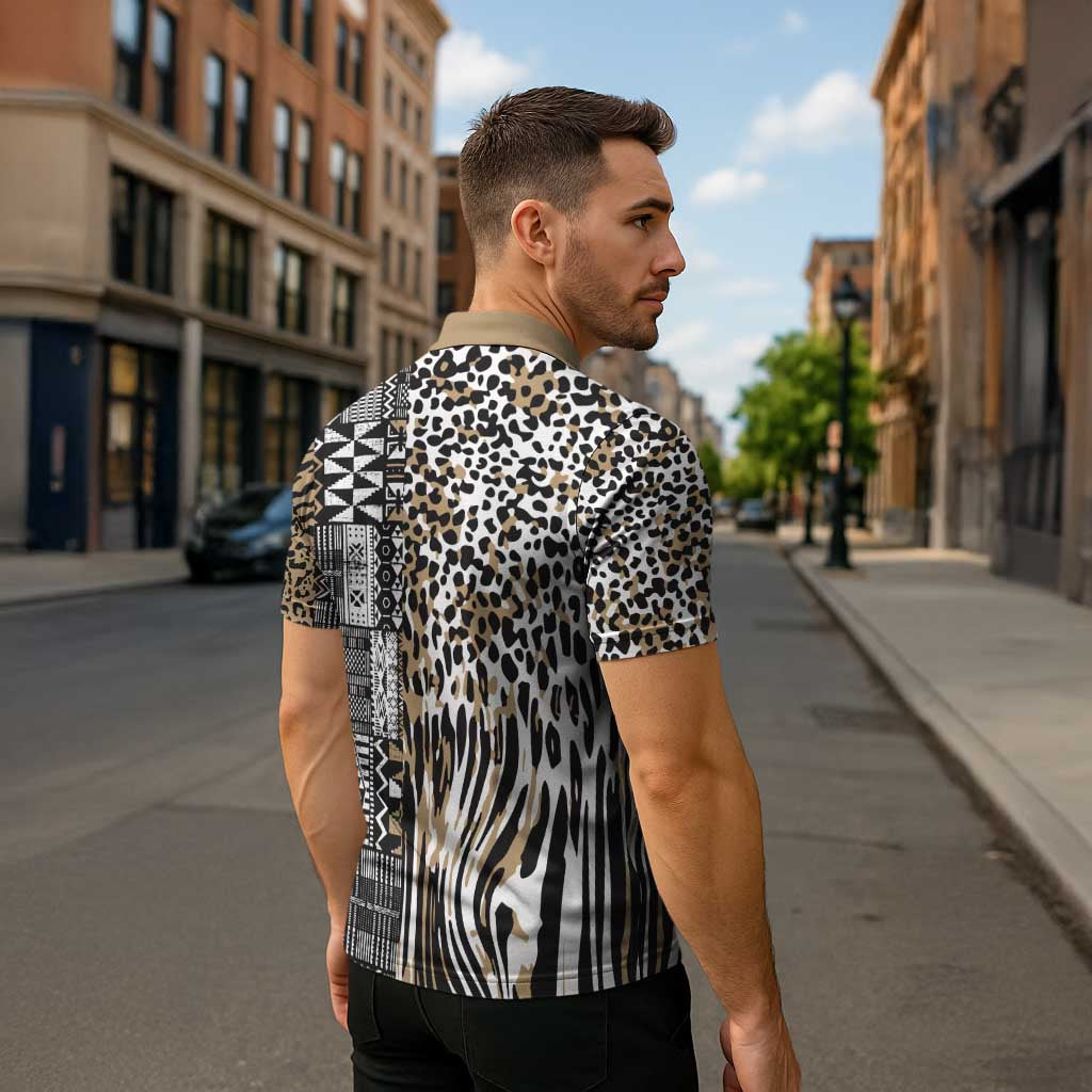 Africa Tribal Pattern Mixed Leopard Skin Zipper Polo Shirt - Wonder Print Shop