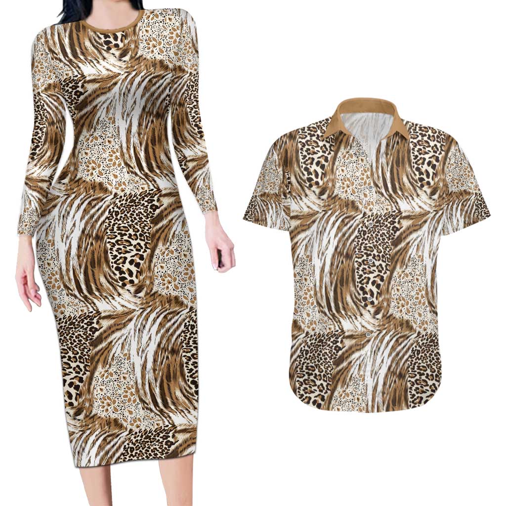 Wild Animal Skins Couples Matching Long Sleeve Bodycon Dress and Hawaiian Shirt Leopard Pattern - Wonder Print Shop