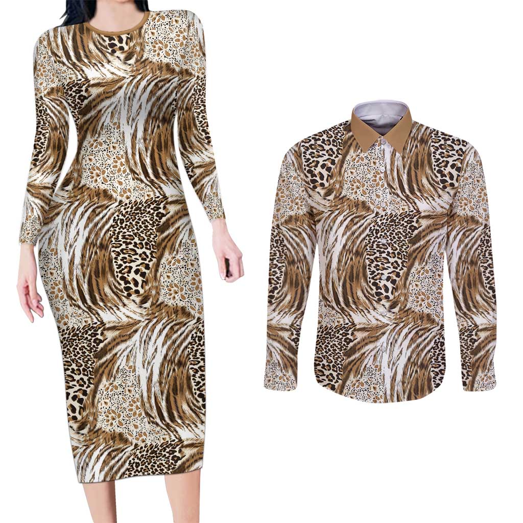 Wild Animal Skins Couples Matching Long Sleeve Bodycon Dress and Long Sleeve Button Shirt Leopard Pattern - Wonder Print Shop