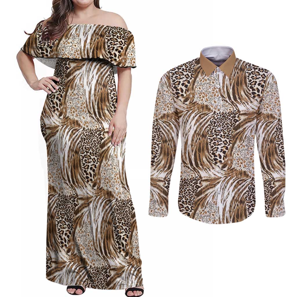 Wild Animal Skins Couples Matching Off Shoulder Maxi Dress and Long Sleeve Button Shirt Leopard Pattern - Wonder Print Shop