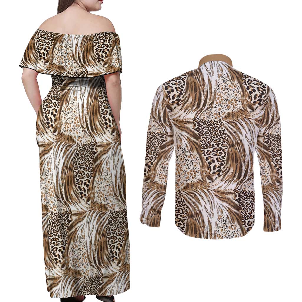 Wild Animal Skins Couples Matching Off Shoulder Maxi Dress and Long Sleeve Button Shirt Leopard Pattern - Wonder Print Shop