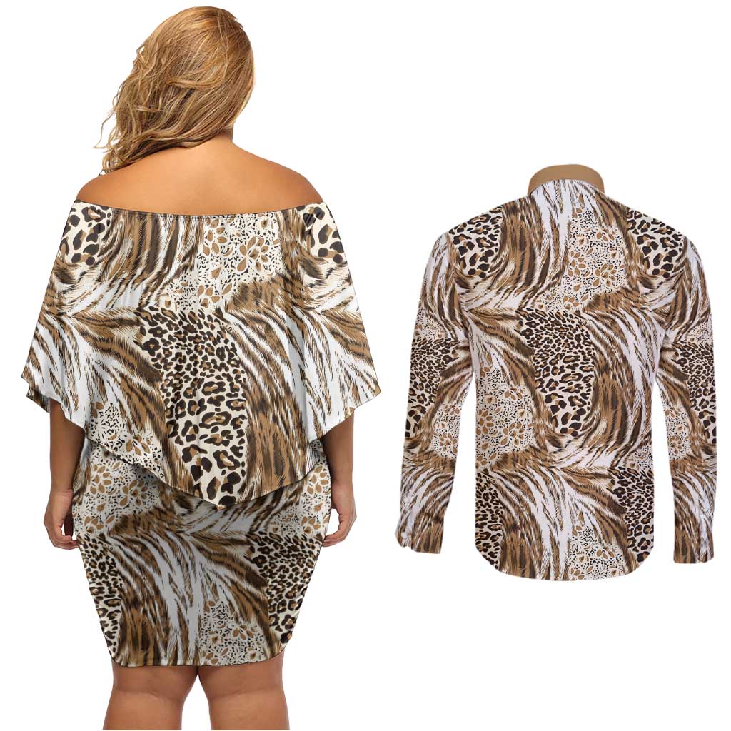 Wild Animal Skins Couples Matching Off Shoulder Short Dress and Long Sleeve Button Shirt Leopard Pattern - Wonder Print Shop