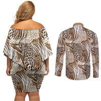Wild Animal Skins Couples Matching Off Shoulder Short Dress and Long Sleeve Button Shirt Leopard Pattern - Wonder Print Shop