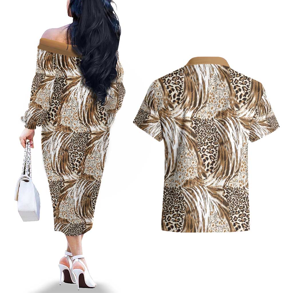 Wild Animal Skins Couples Matching Off The Shoulder Long Sleeve Dress and Hawaiian Shirt Leopard Pattern - Wonder Print Shop