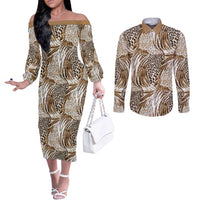 Wild Animal Skins Couples Matching Off The Shoulder Long Sleeve Dress and Long Sleeve Button Shirt Leopard Pattern - Wonder Print Shop
