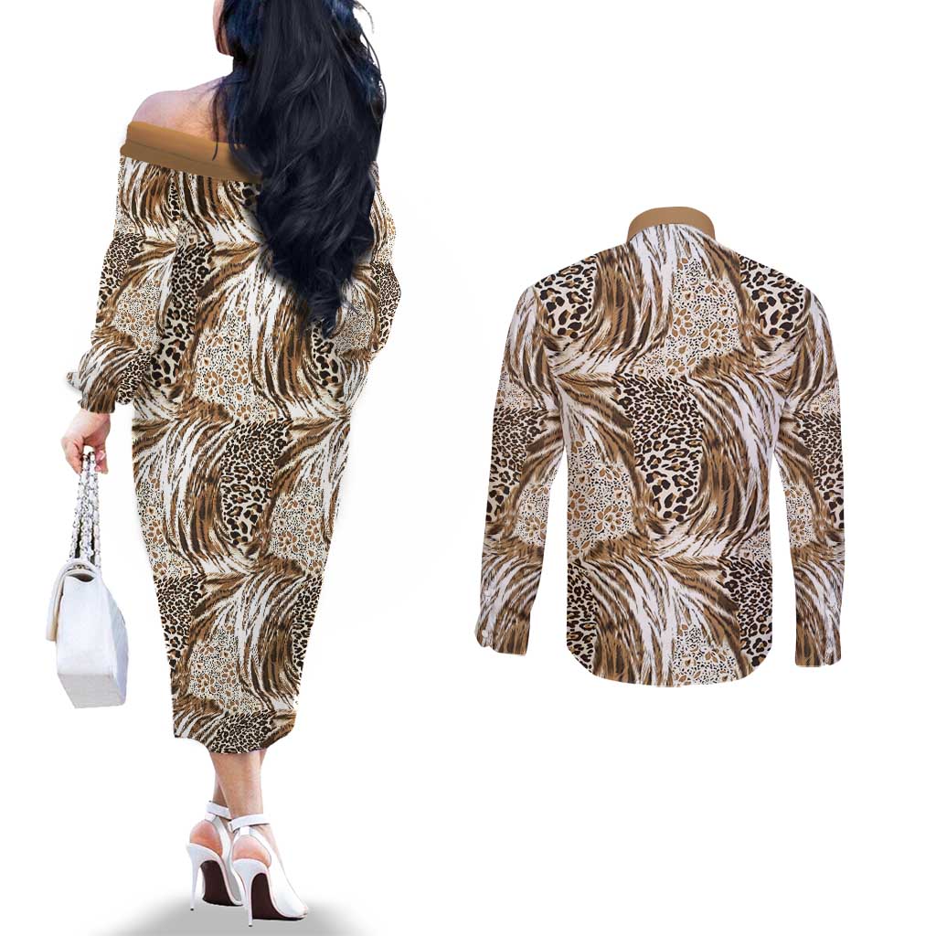 Wild Animal Skins Couples Matching Off The Shoulder Long Sleeve Dress and Long Sleeve Button Shirt Leopard Pattern - Wonder Print Shop