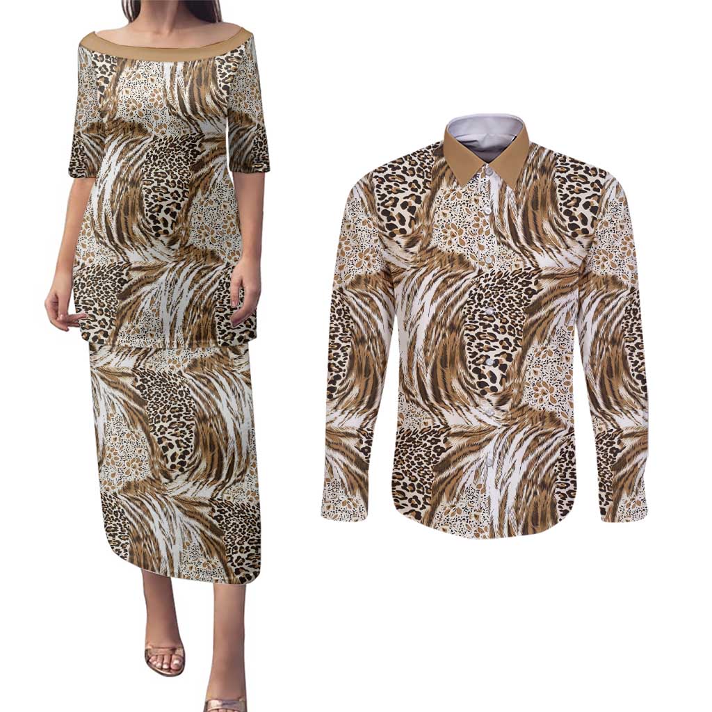 Wild Animal Skins Couples Matching Puletasi and Long Sleeve Button Shirt Leopard Pattern - Wonder Print Shop