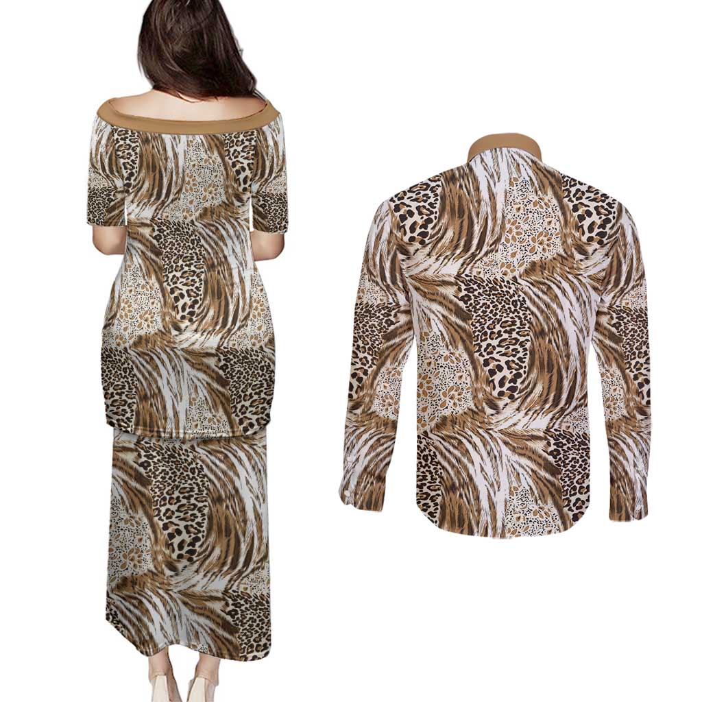 Wild Animal Skins Couples Matching Puletasi and Long Sleeve Button Shirt Leopard Pattern - Wonder Print Shop