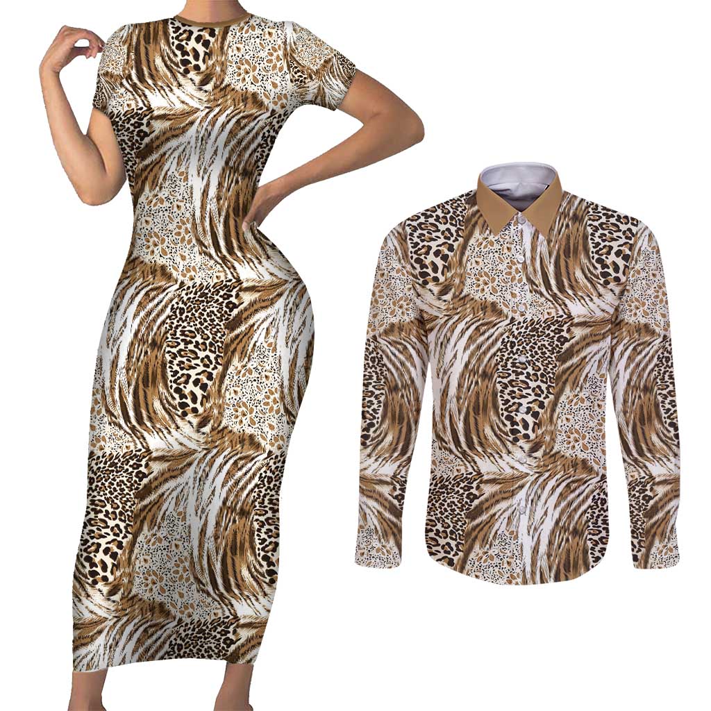 Wild Animal Skins Couples Matching Short Sleeve Bodycon Dress and Long Sleeve Button Shirt Leopard Pattern - Wonder Print Shop