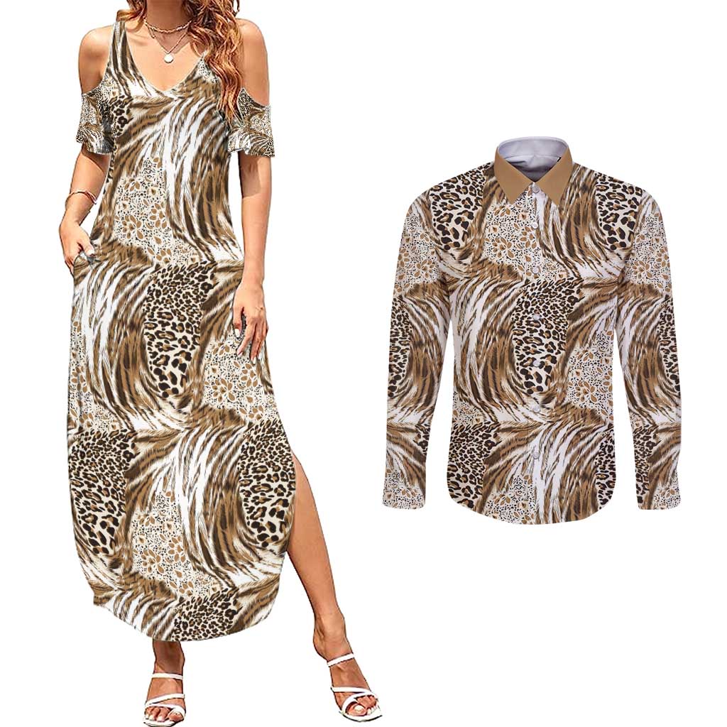 Wild Animal Skins Couples Matching Summer Maxi Dress and Long Sleeve Button Shirt Leopard Pattern - Wonder Print Shop