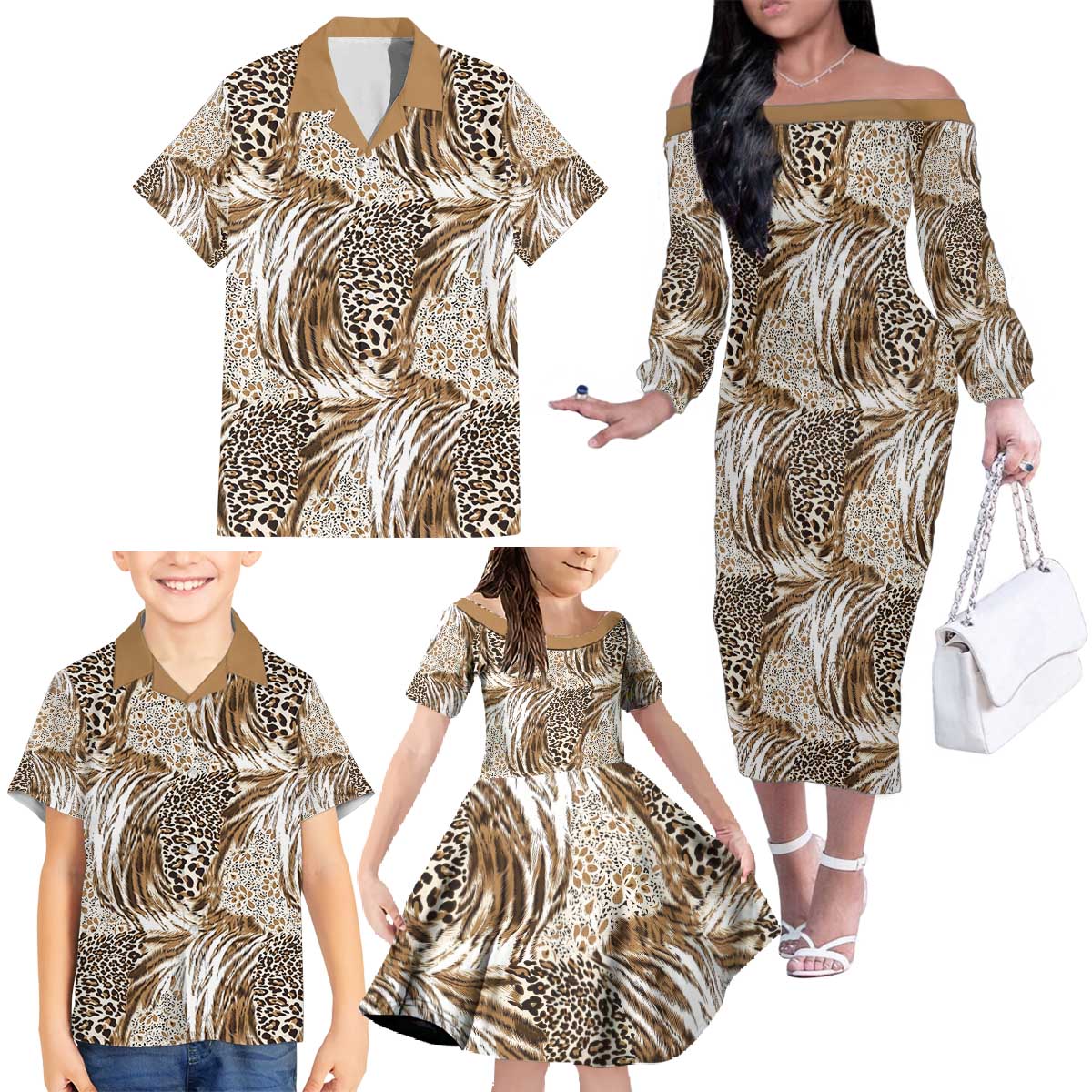 Wild Animal Skins Family Matching Off The Shoulder Long Sleeve Dress and Hawaiian Shirt Leopard Pattern - Wonder Print Shop