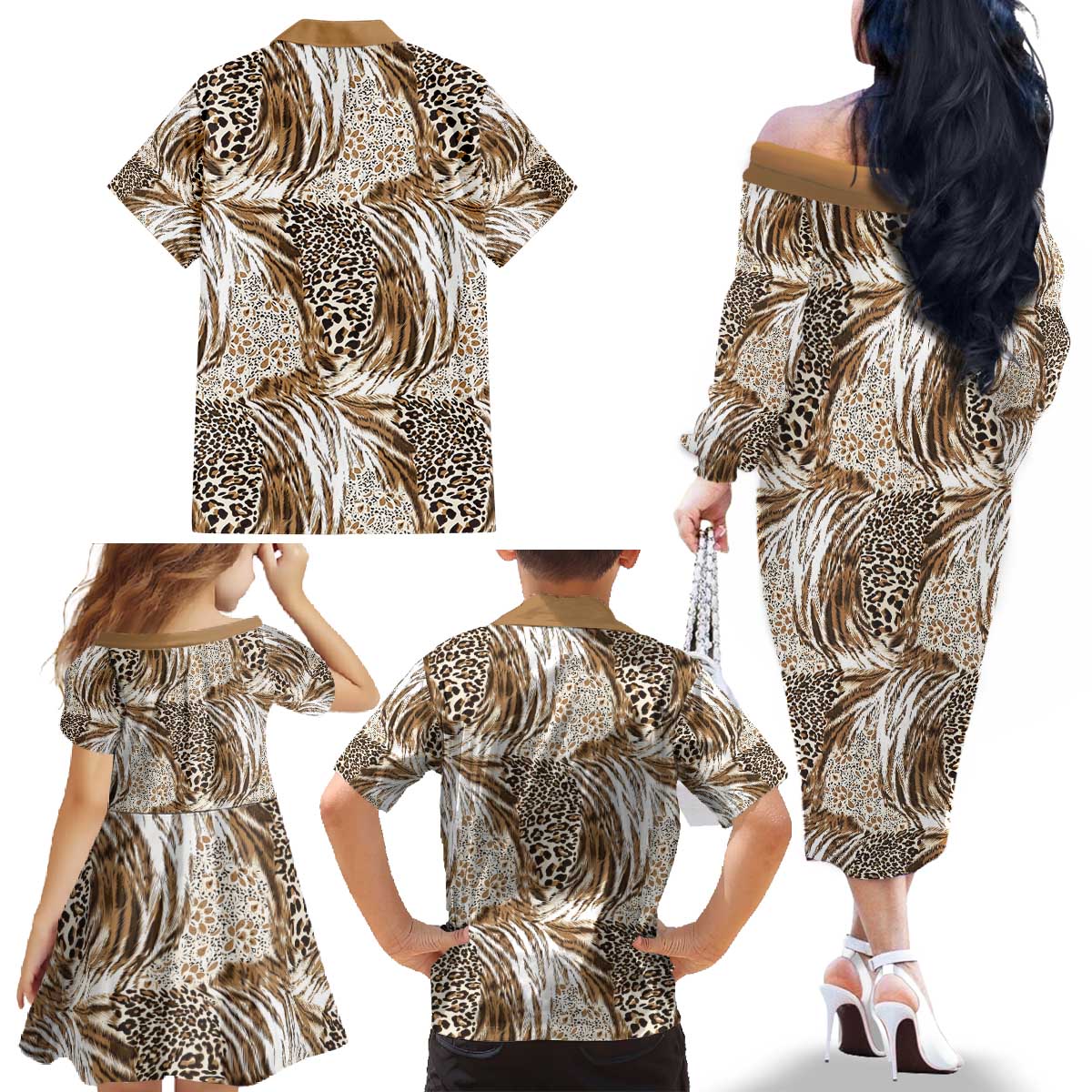 Wild Animal Skins Family Matching Off The Shoulder Long Sleeve Dress and Hawaiian Shirt Leopard Pattern - Wonder Print Shop