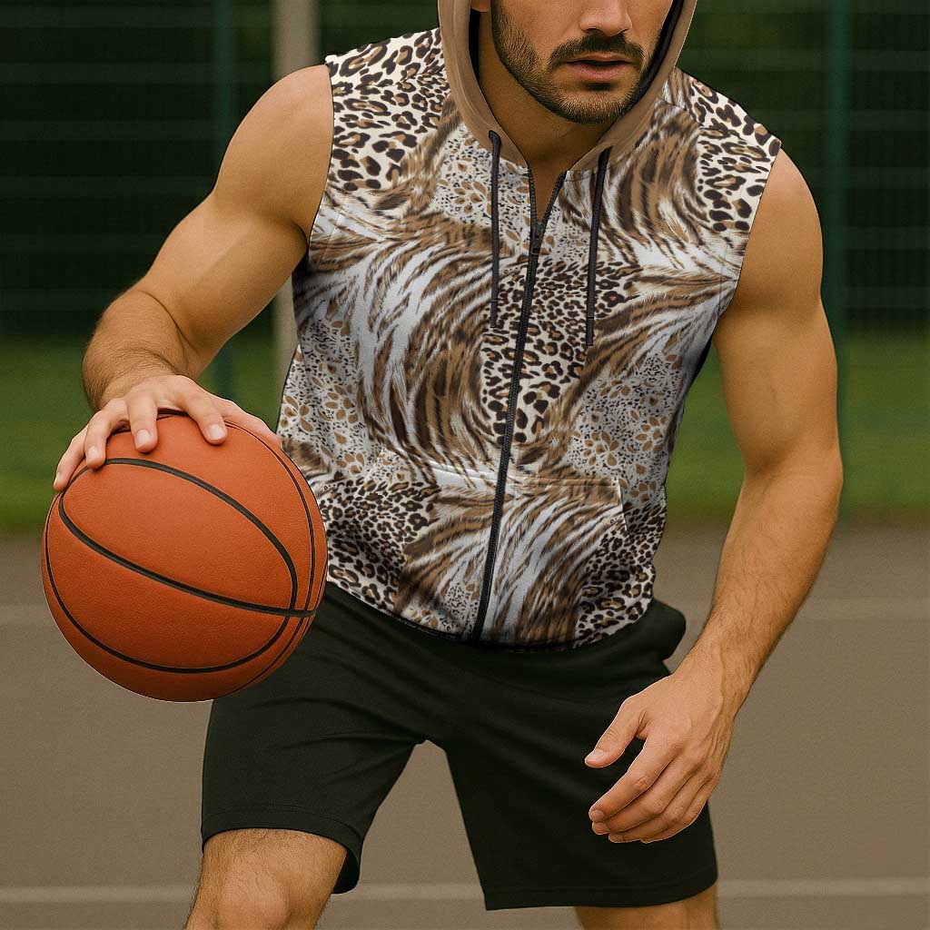 Wild Animal Skins Sleeveless Zip Hoodie Leopard Pattern - Wonder Print Shop