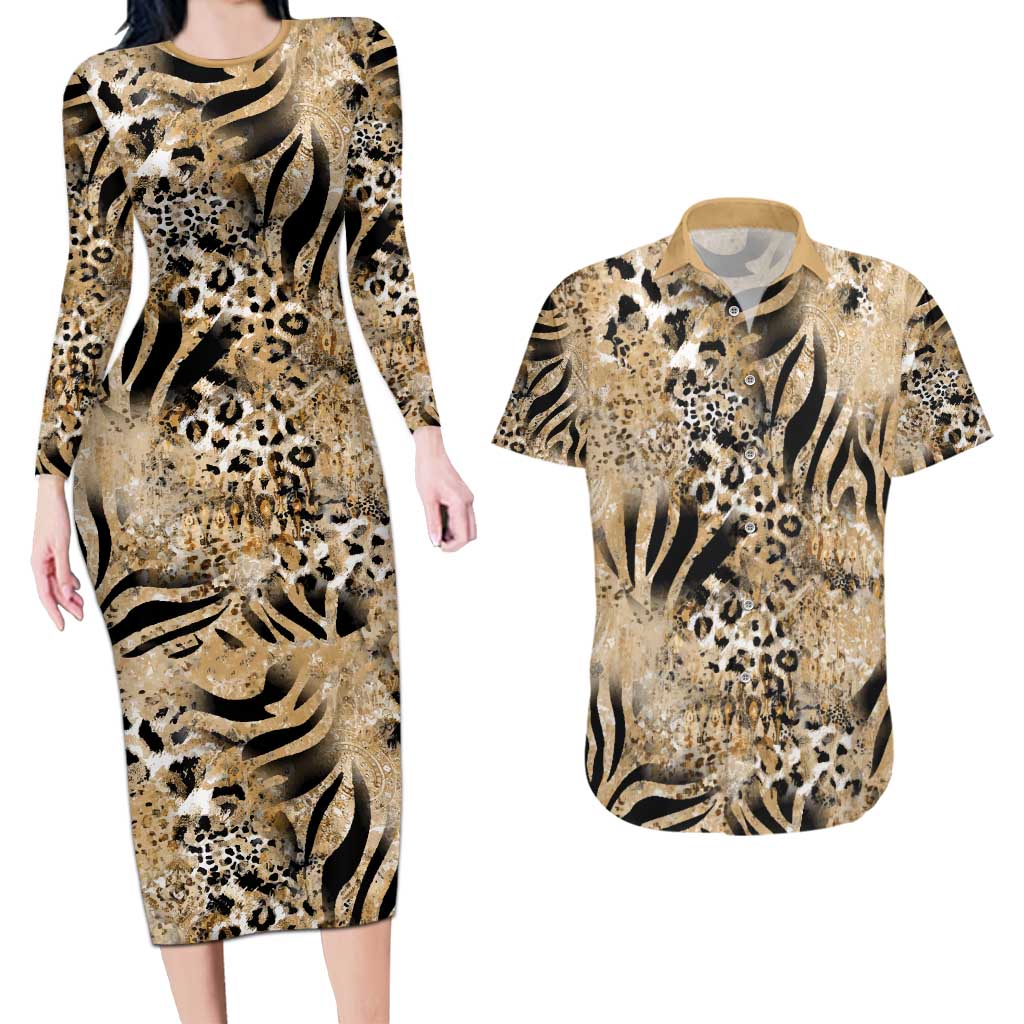 Wild Animal Skins Couples Matching Long Sleeve Bodycon Dress and Hawaiian Shirt Zebra Tiger Leopard Mix Skin - Wonder Print Shop