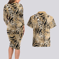 Wild Animal Skins Couples Matching Long Sleeve Bodycon Dress and Hawaiian Shirt Zebra Tiger Leopard Mix Skin - Wonder Print Shop
