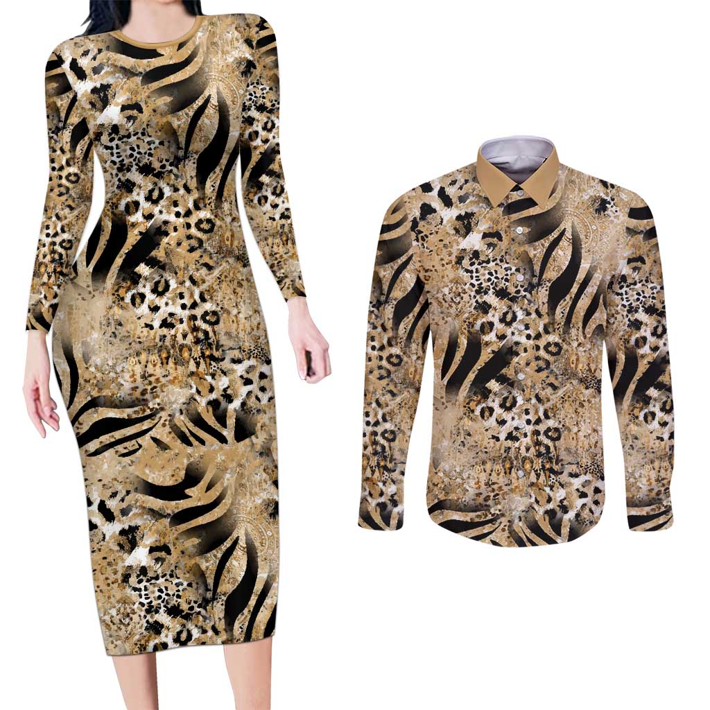 Wild Animal Skins Couples Matching Long Sleeve Bodycon Dress and Long Sleeve Button Shirt Zebra Tiger Leopard Mix Skin - Wonder Print Shop