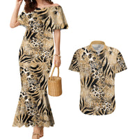 Wild Animal Skins Couples Matching Mermaid Dress and Hawaiian Shirt Zebra Tiger Leopard Mix Skin - Wonder Print Shop