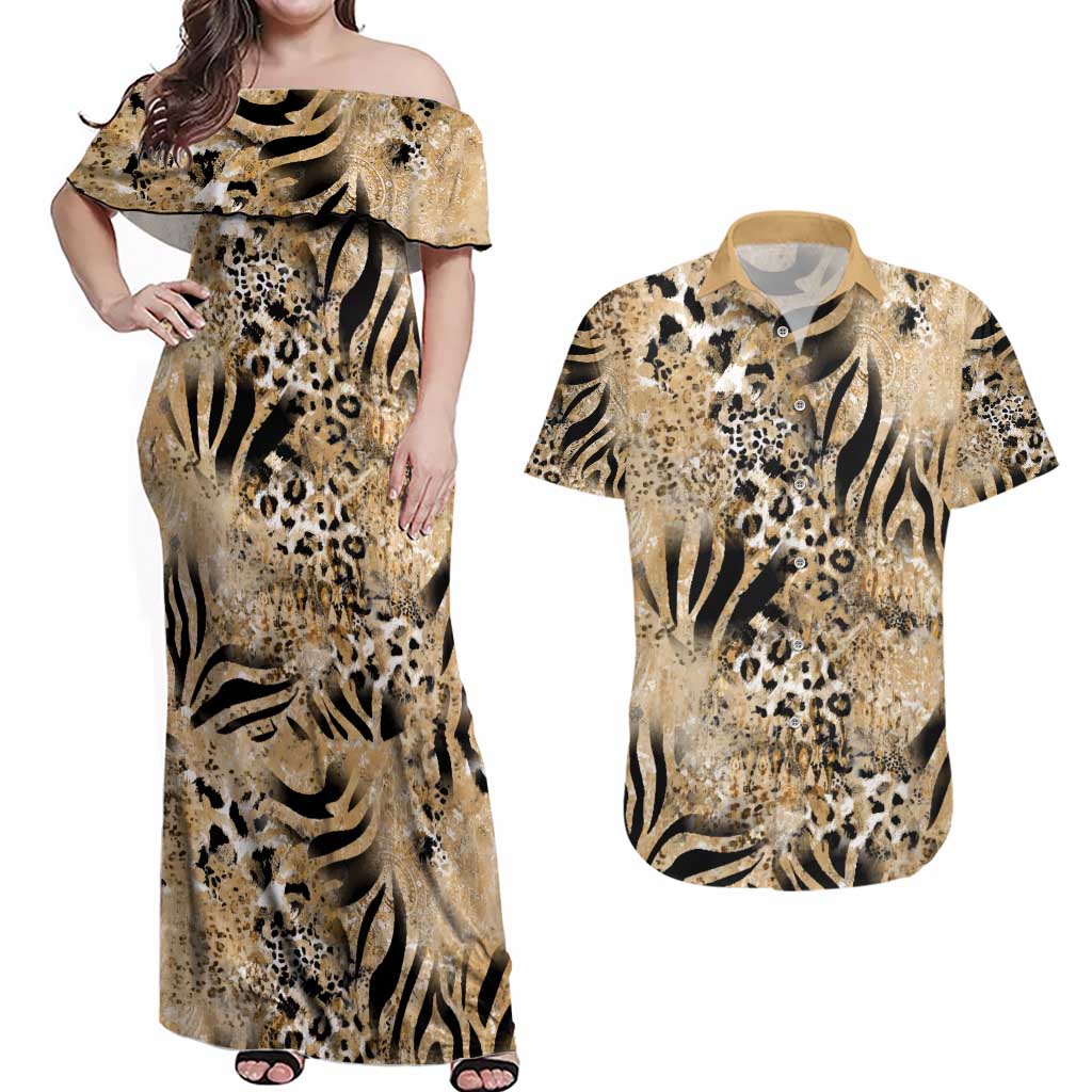Wild Animal Skins Couples Matching Off Shoulder Maxi Dress and Hawaiian Shirt Zebra Tiger Leopard Mix Skin - Wonder Print Shop