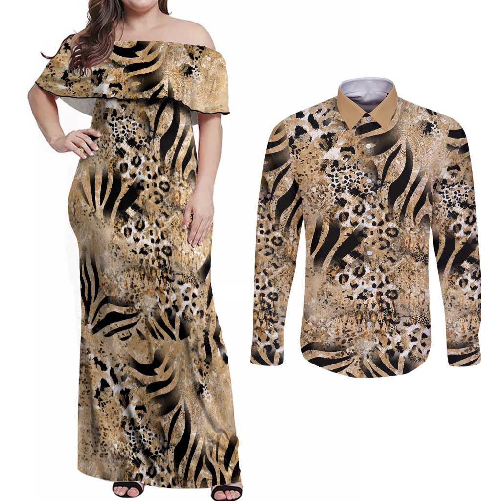 Wild Animal Skins Couples Matching Off Shoulder Maxi Dress and Long Sleeve Button Shirt Zebra Tiger Leopard Mix Skin - Wonder Print Shop