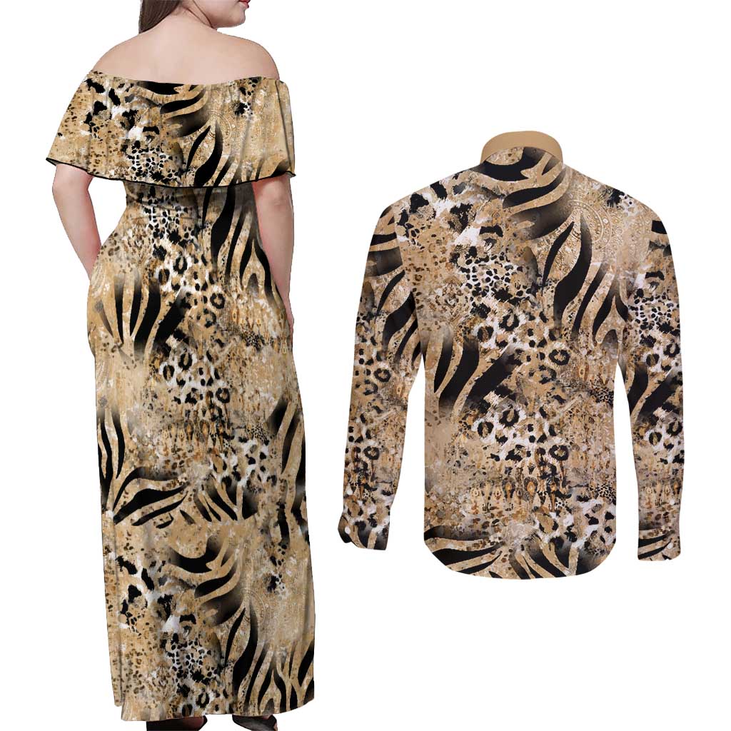Wild Animal Skins Couples Matching Off Shoulder Maxi Dress and Long Sleeve Button Shirt Zebra Tiger Leopard Mix Skin - Wonder Print Shop