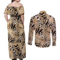 Wild Animal Skins Couples Matching Off Shoulder Maxi Dress and Long Sleeve Button Shirt Zebra Tiger Leopard Mix Skin - Wonder Print Shop