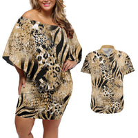 Wild Animal Skins Couples Matching Off Shoulder Short Dress and Hawaiian Shirt Zebra Tiger Leopard Mix Skin - Wonder Print Shop
