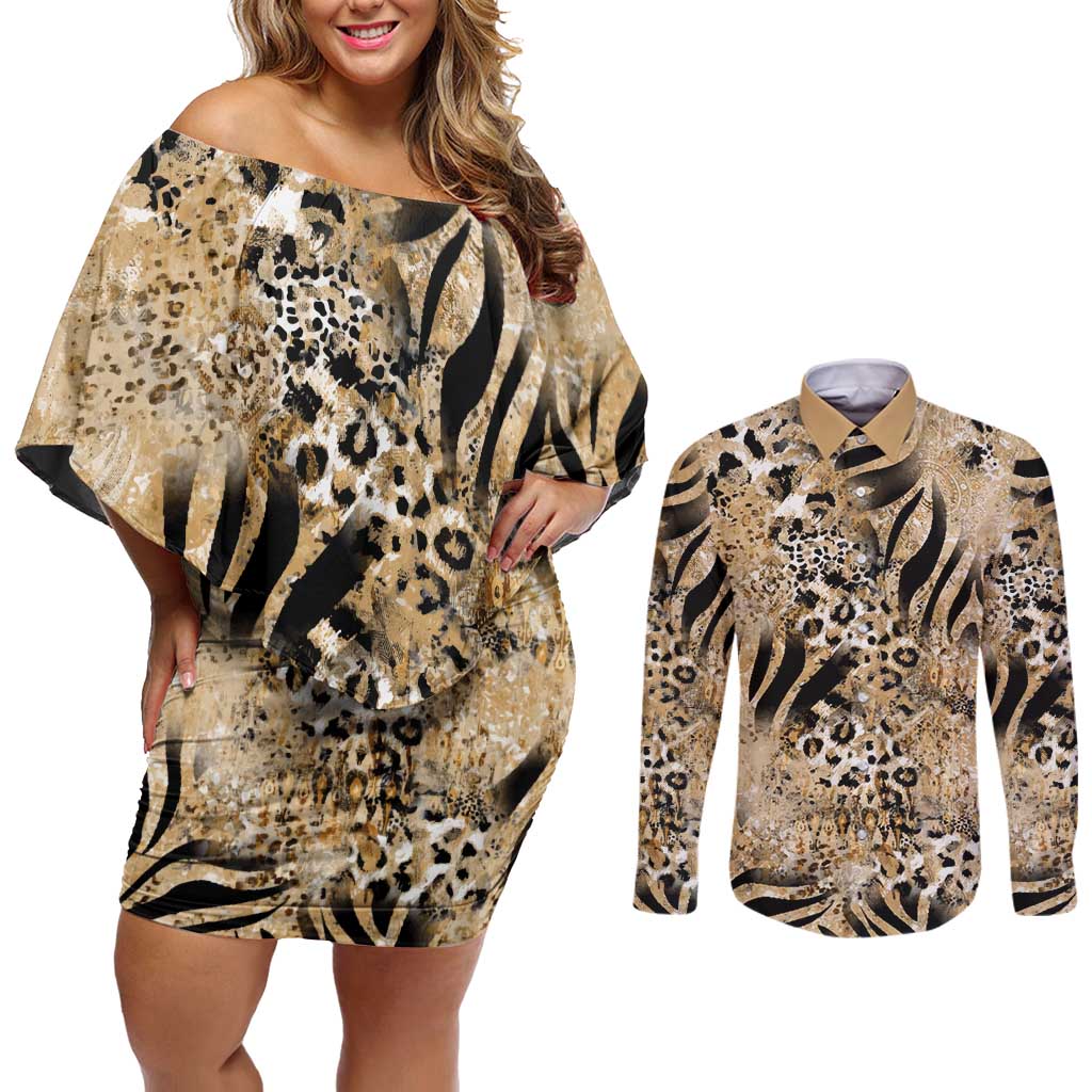 Wild Animal Skins Couples Matching Off Shoulder Short Dress and Long Sleeve Button Shirt Zebra Tiger Leopard Mix Skin - Wonder Print Shop