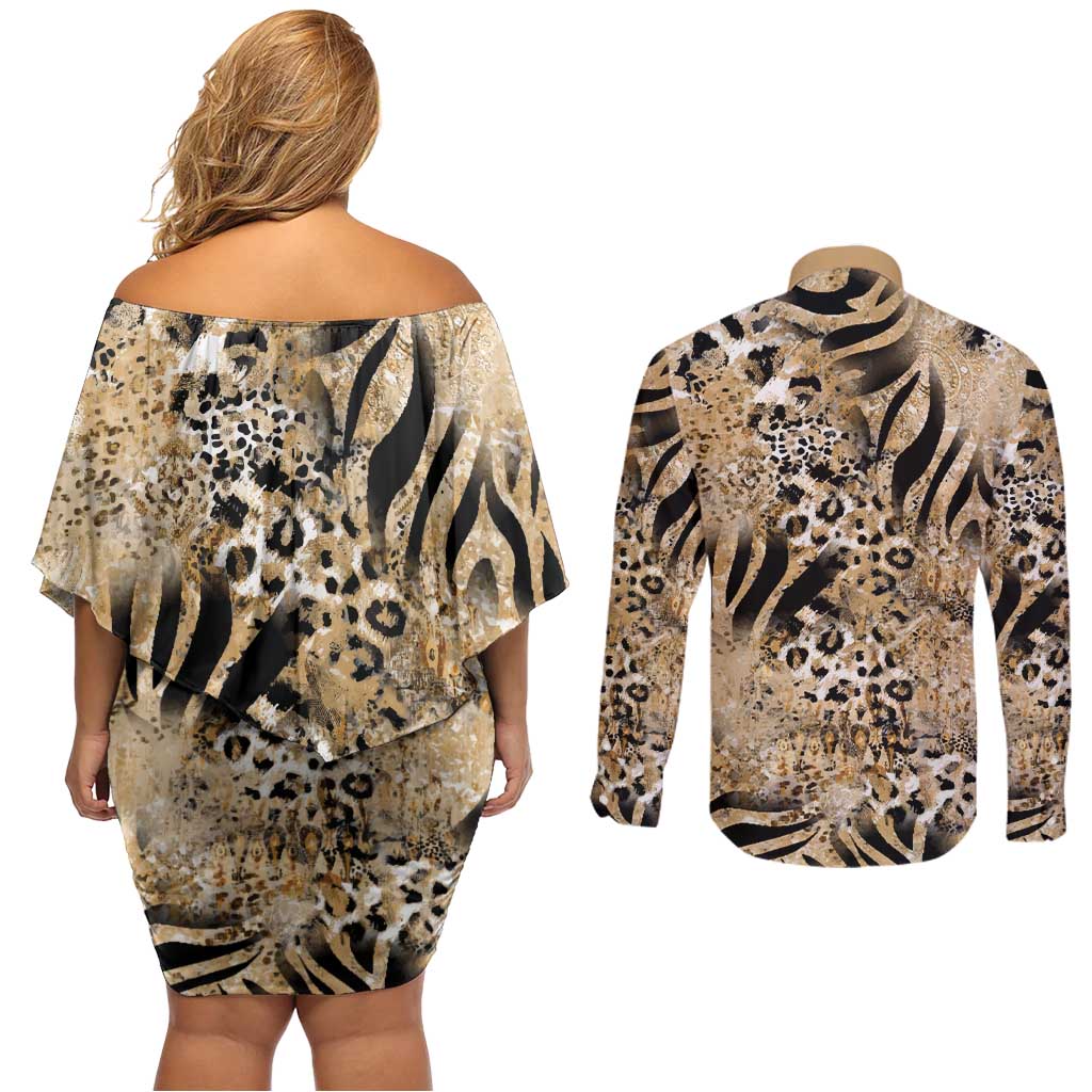 Wild Animal Skins Couples Matching Off Shoulder Short Dress and Long Sleeve Button Shirt Zebra Tiger Leopard Mix Skin - Wonder Print Shop