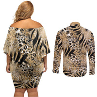 Wild Animal Skins Couples Matching Off Shoulder Short Dress and Long Sleeve Button Shirt Zebra Tiger Leopard Mix Skin - Wonder Print Shop