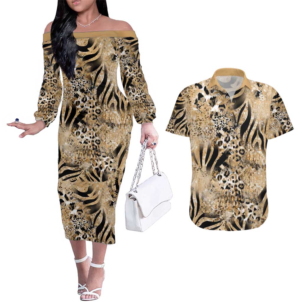 Wild Animal Skins Couples Matching Off The Shoulder Long Sleeve Dress and Hawaiian Shirt Zebra Tiger Leopard Mix Skin - Wonder Print Shop