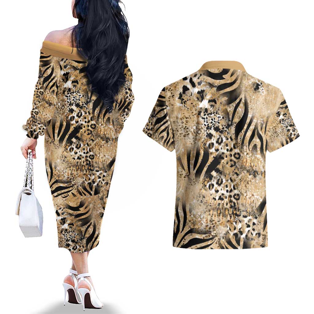 Wild Animal Skins Couples Matching Off The Shoulder Long Sleeve Dress and Hawaiian Shirt Zebra Tiger Leopard Mix Skin - Wonder Print Shop
