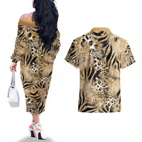 Wild Animal Skins Couples Matching Off The Shoulder Long Sleeve Dress and Hawaiian Shirt Zebra Tiger Leopard Mix Skin - Wonder Print Shop