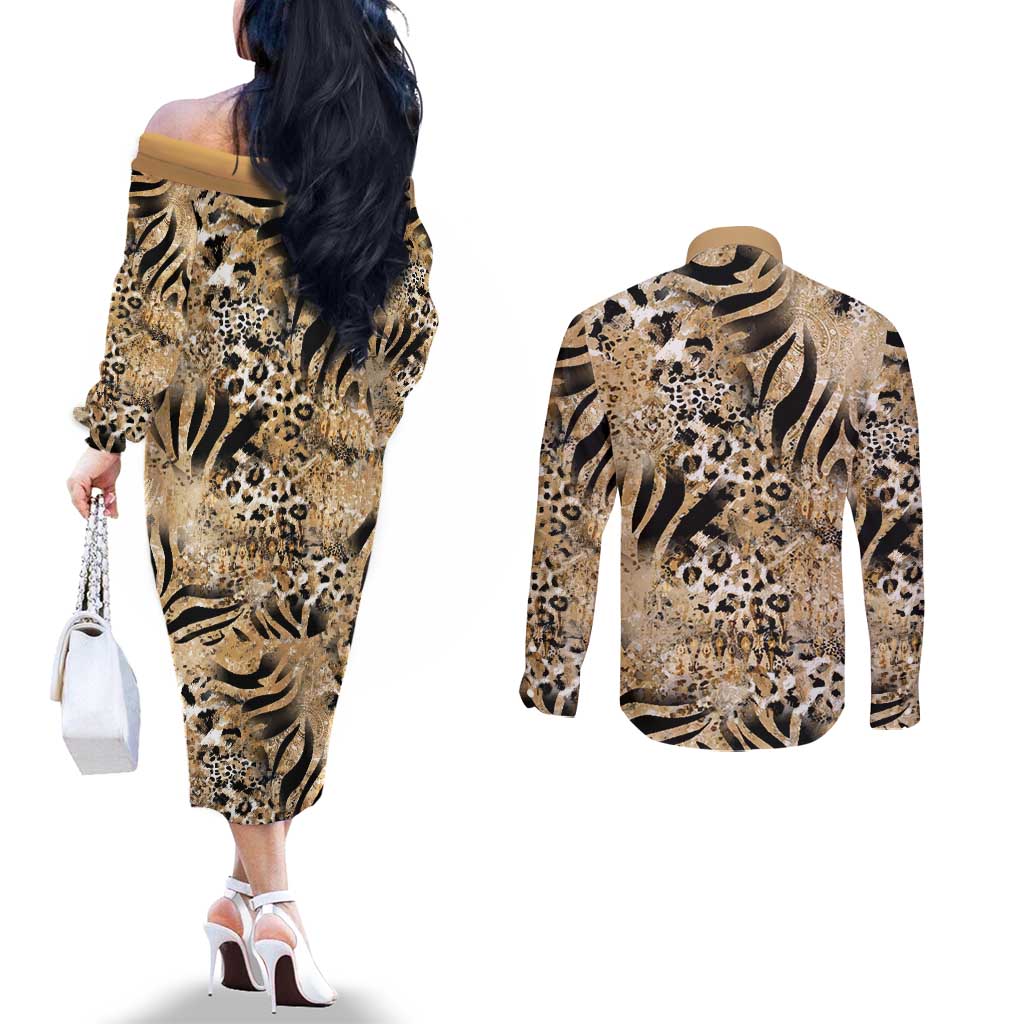 Wild Animal Skins Couples Matching Off The Shoulder Long Sleeve Dress and Long Sleeve Button Shirt Zebra Tiger Leopard Mix Skin - Wonder Print Shop
