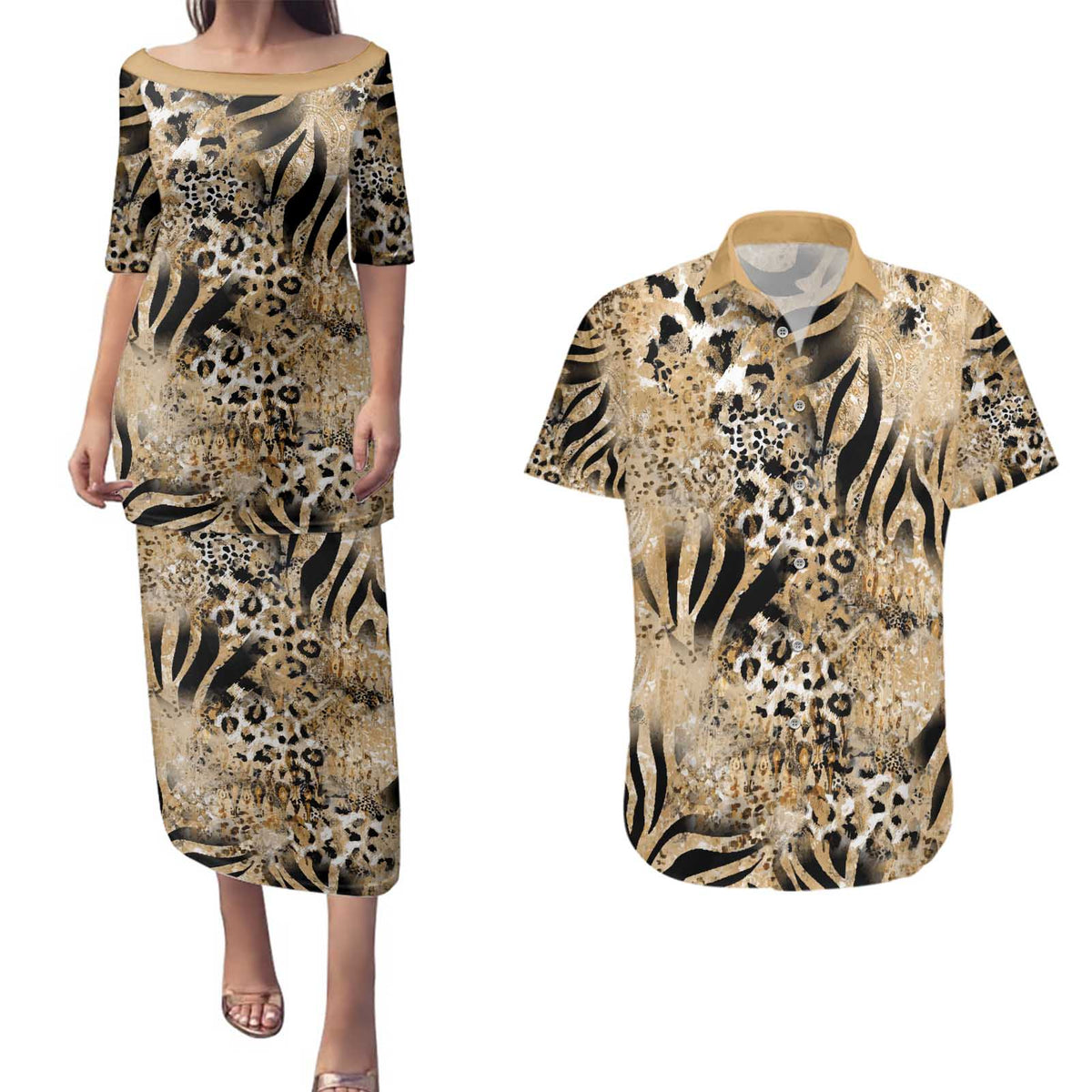 Wild Animal Skins Couples Matching Puletasi and Hawaiian Shirt Zebra Tiger Leopard Mix Skin - Wonder Print Shop