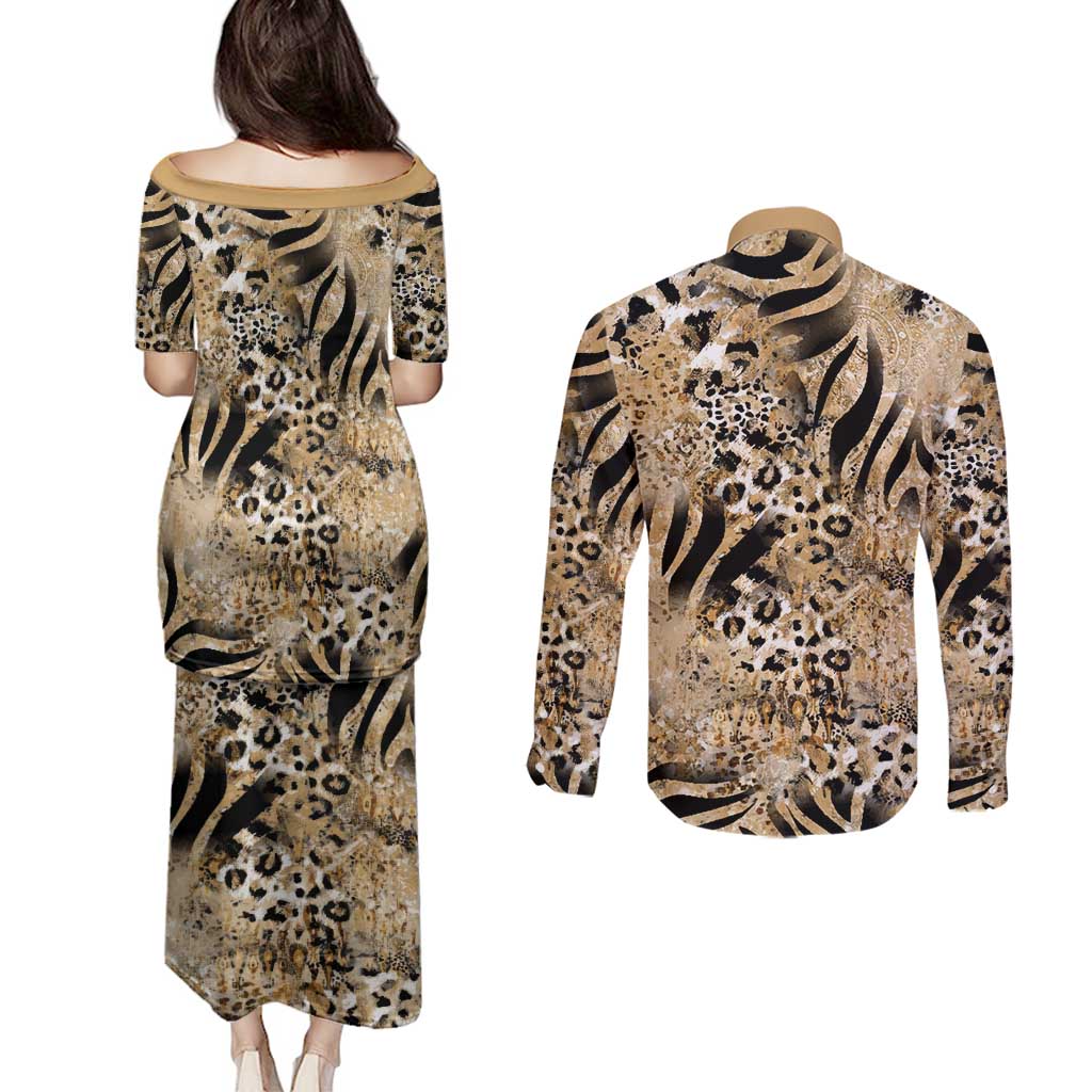 Wild Animal Skins Couples Matching Puletasi and Long Sleeve Button Shirt Zebra Tiger Leopard Mix Skin - Wonder Print Shop