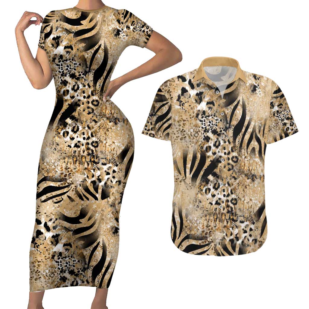 Wild Animal Skins Couples Matching Short Sleeve Bodycon Dress and Hawaiian Shirt Zebra Tiger Leopard Mix Skin - Wonder Print Shop