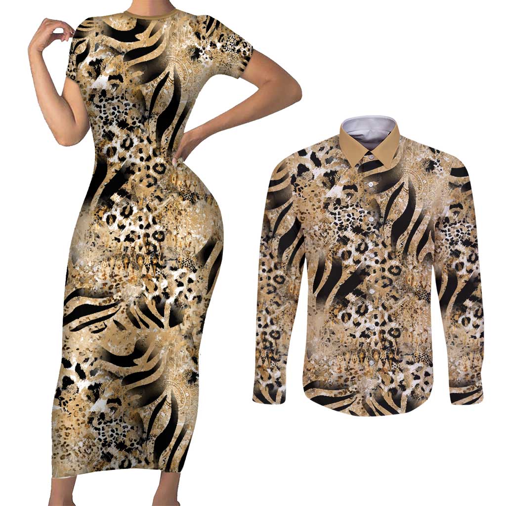 Wild Animal Skins Couples Matching Short Sleeve Bodycon Dress and Long Sleeve Button Shirt Zebra Tiger Leopard Mix Skin - Wonder Print Shop