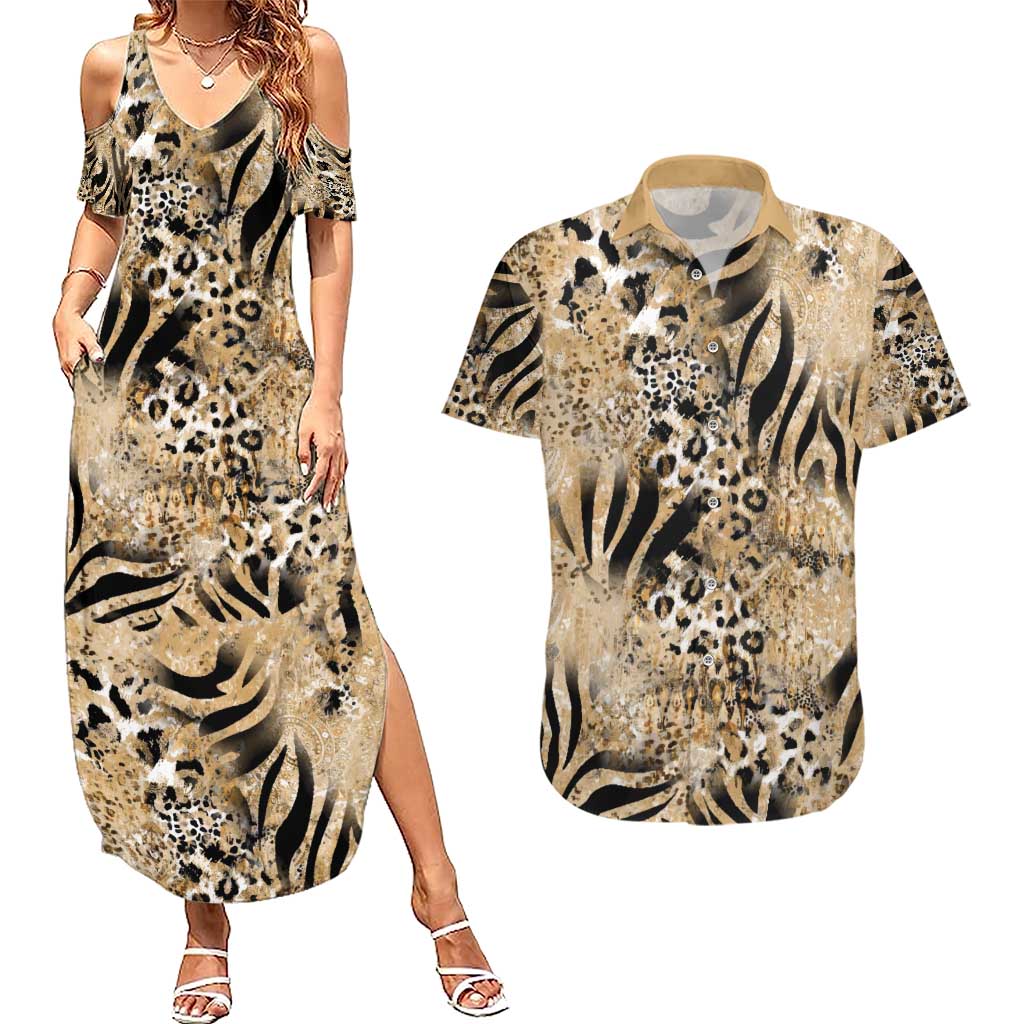 Wild Animal Skins Couples Matching Summer Maxi Dress and Hawaiian Shirt Zebra Tiger Leopard Mix Skin - Wonder Print Shop
