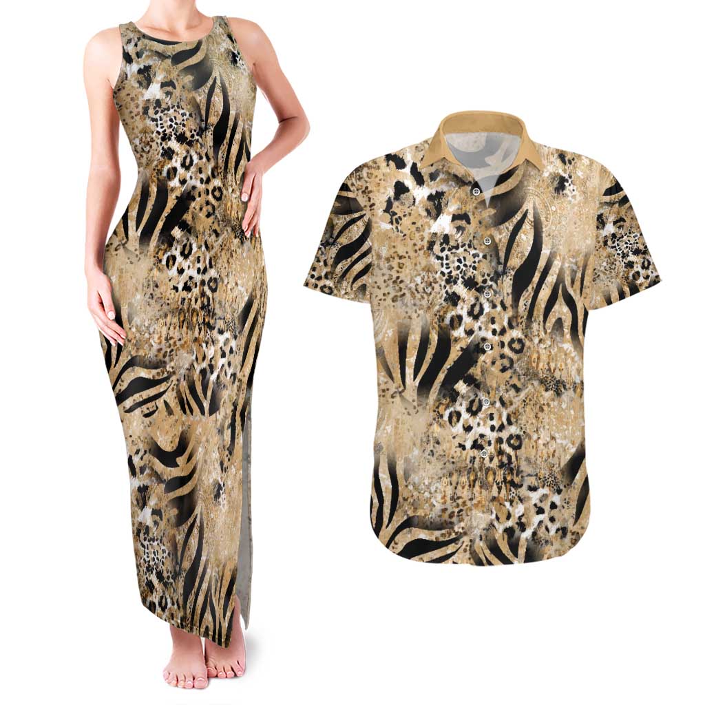 Wild Animal Skins Couples Matching Tank Maxi Dress and Hawaiian Shirt Zebra Tiger Leopard Mix Skin - Wonder Print Shop