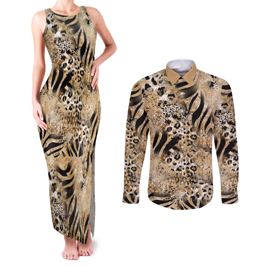 Wild Animal Skins Couples Matching Tank Maxi Dress and Long Sleeve Button Shirt Zebra Tiger Leopard Mix Skin - Wonder Print Shop